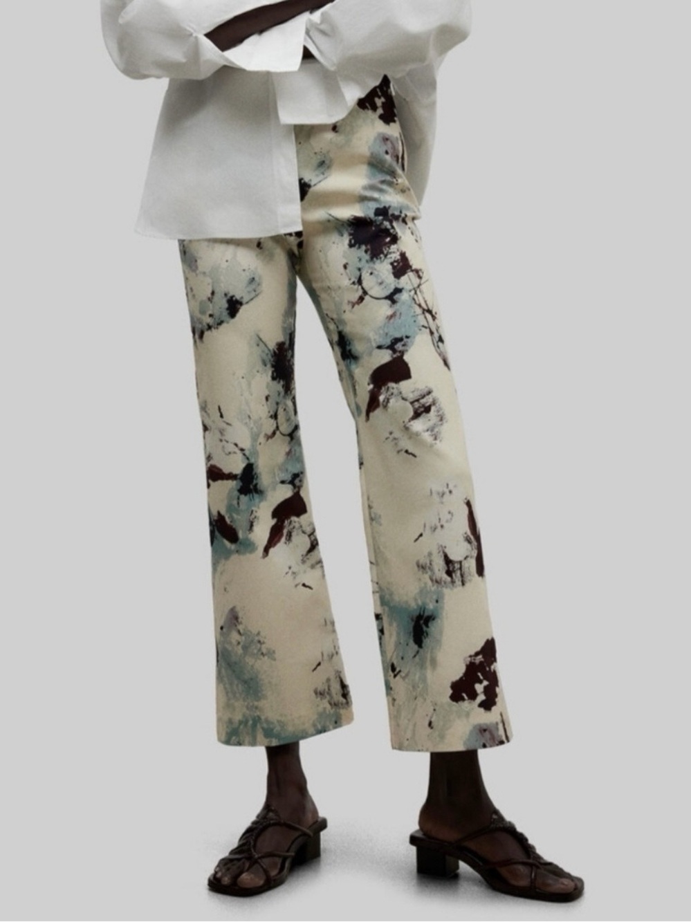 Abstract Print Cream Cotton Trousers